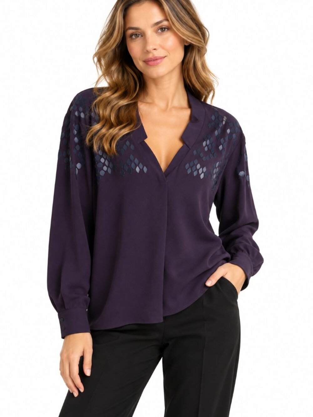 Jay Ahr Paris 100% Silk Purple Embellished Long Sleeve Blouse Size 42